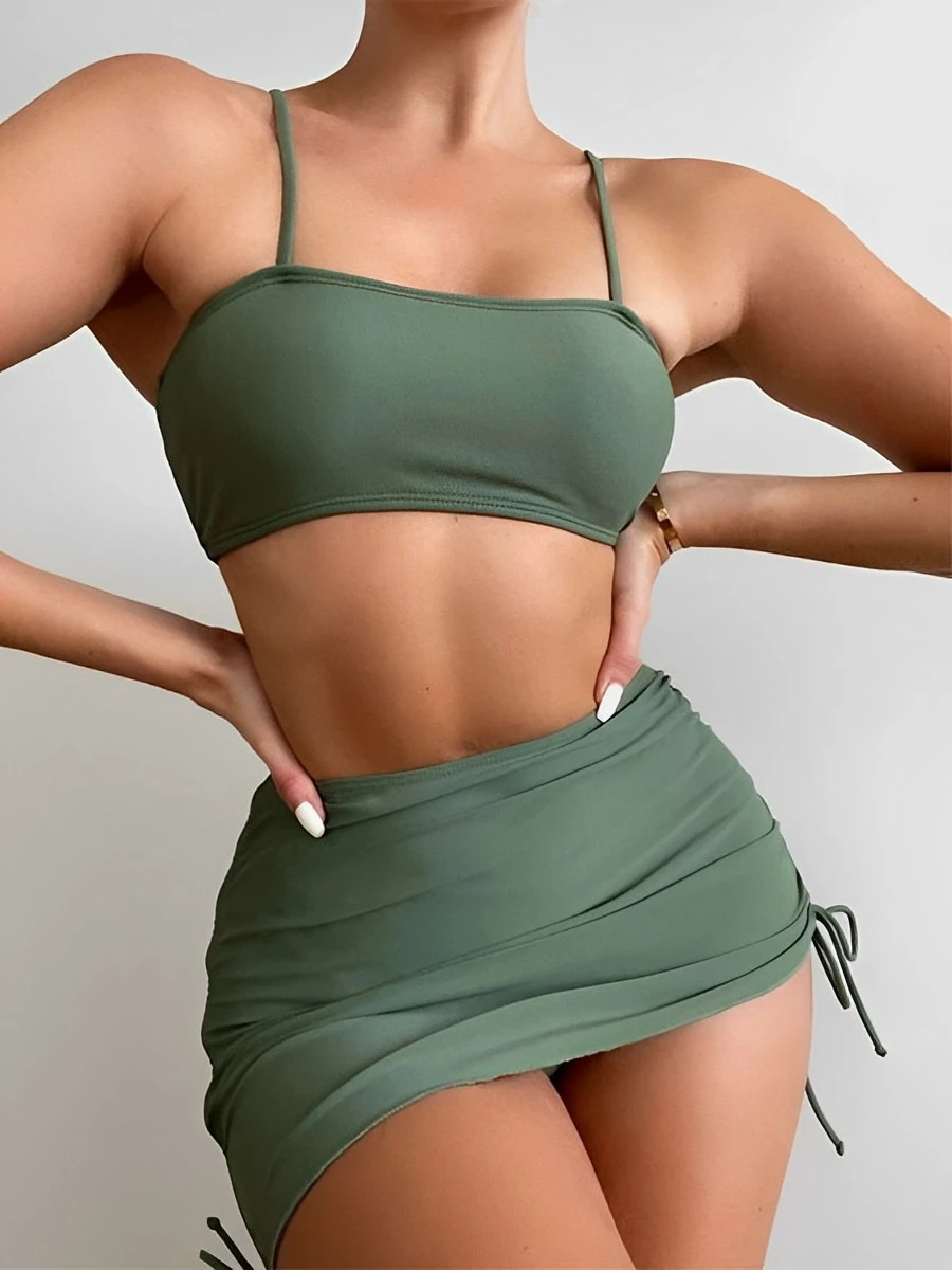 

3 Pieces Padded Bikini 2025 Women & Drawstring Skirt Solid Swimsuit Sexy Swimwear Female Bathers Bathing Swimming Swim Suit