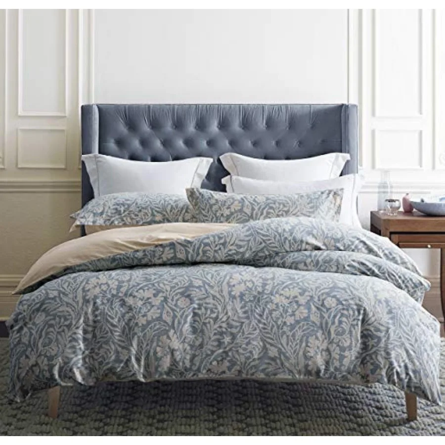 Duvet Cover Queen Size 600 Thread Count Cotton Beige and Bluish Grey Printed with Luxurious Leaves Pattern Reversible Botanical