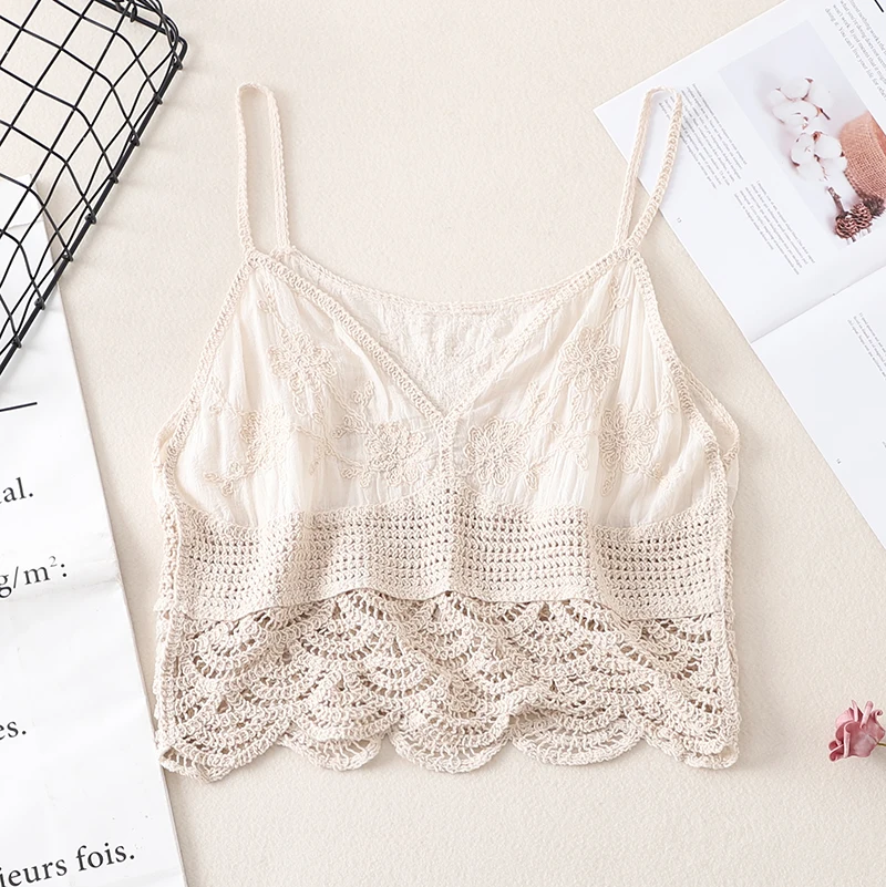 Uniwersalna kamizelka damska z bawełny i lnu, dzianinowa, retro, ażurowa, z koronkowym haftem, letni top na ramiączkach.