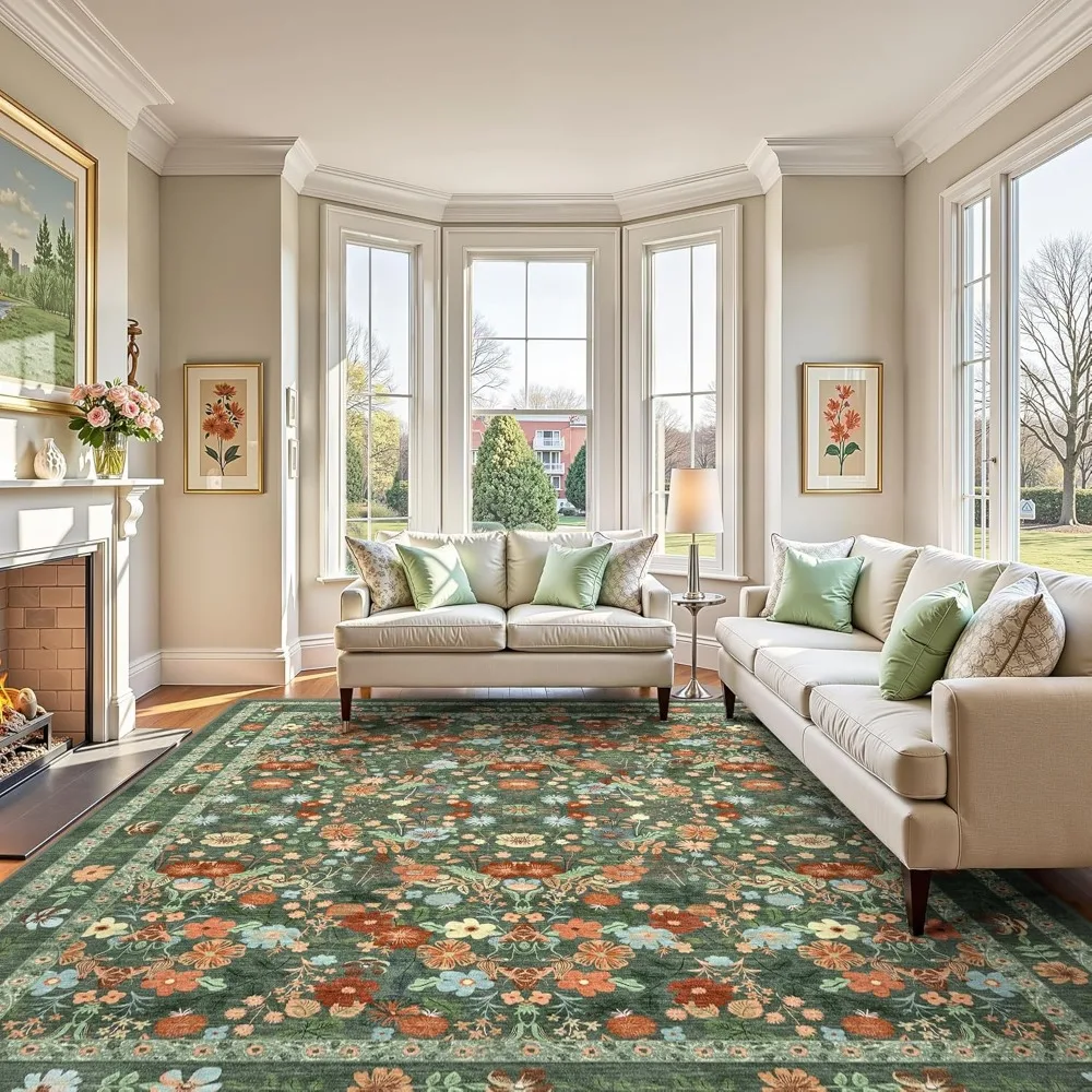 Herten Groene Wasbare Bloementapijten 8x10 Grote Vintage Boho Antislip Woonkamertapijt Zacht Laag Stapel Dunne Slaapkamer Vloermat Indoo