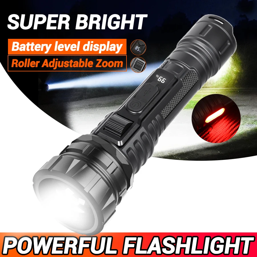 

High Strong Power Led Flashlights 2000LM Torch with Power Display Light Type C Charging Camping Fishing Emergency Zoom Lantern