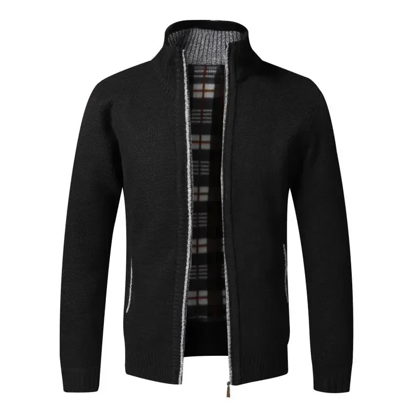 Solid Color Stand Collar Zipper Sweater Autumn Winter Fleece Jersey Men's Casual Sports Coat Grab Fleece Warm Zipper Cardigan