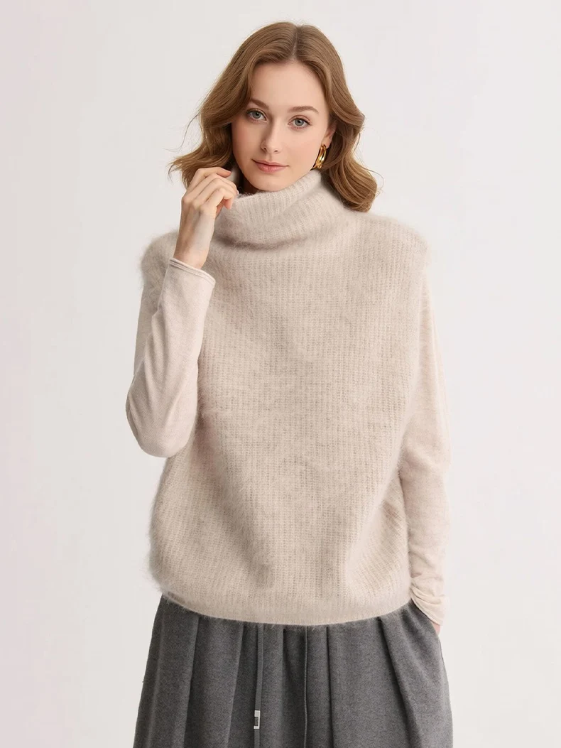 SuyaDream, Women Wool Knitwear, Turtleneck Brushed Sweater Match Sleeveless Knit Vest, Fall New Arrival, Layered Wear Outfit