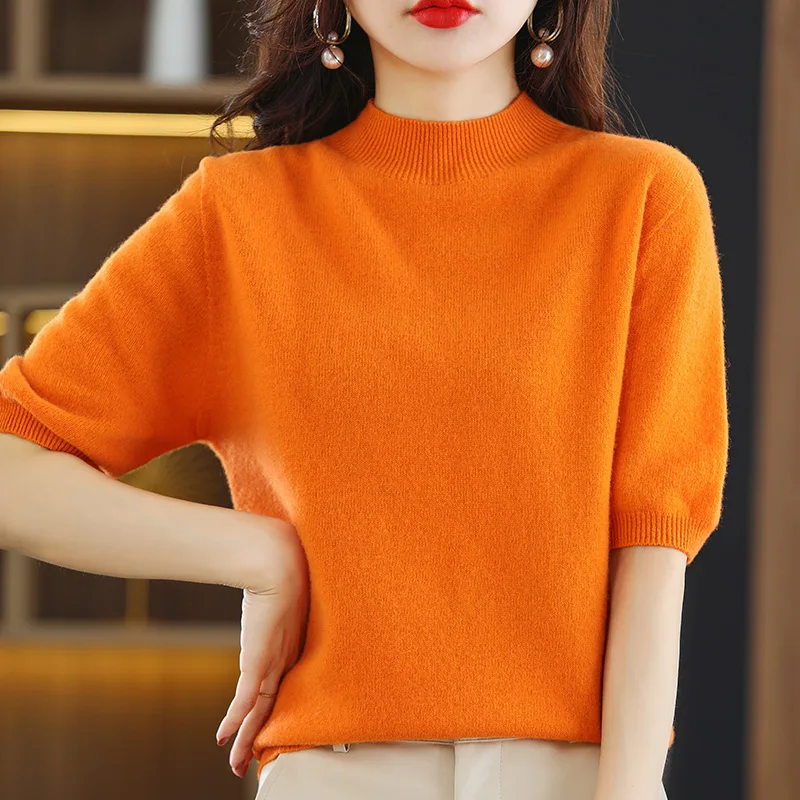 Women\'s Half High Collar Half Sleeve Knitted Shirt, Wool Underlay Pullover, Versatile Top