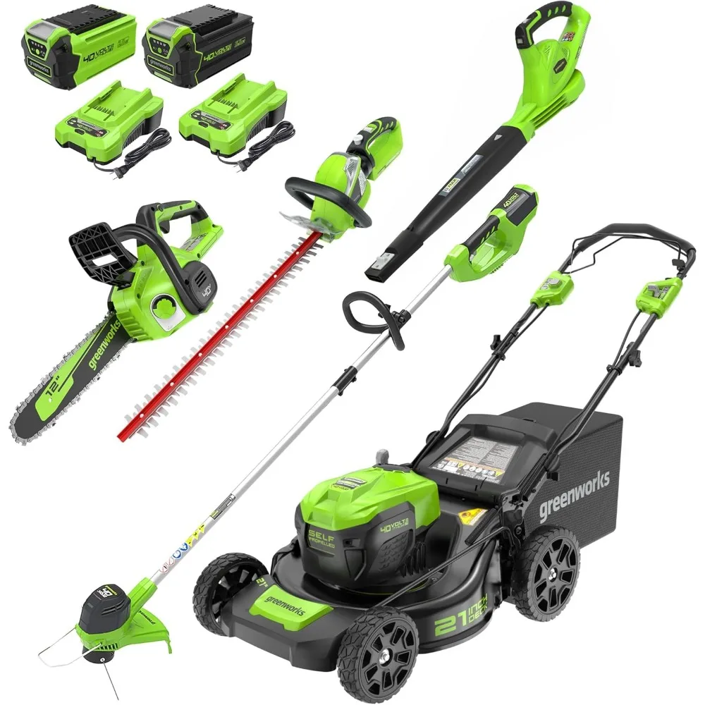 

40V 21" Self-Propelled Mower,Axial Leaf Blower,12" String Trimmer,Chainsaw,Hedge trimmer with Batteries and Chargers