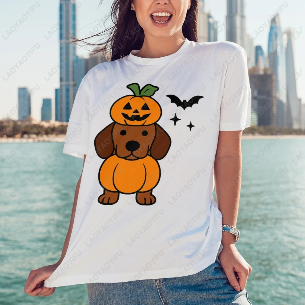 

Dog Pumpkin Bat Halloween Holidays Ostume Lovely Funny Graphic T Shirts Woman Men Cotton Printed Clothing Dog Lover Gift Tops