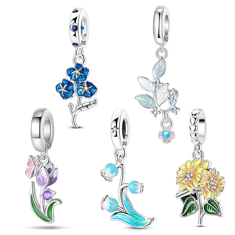 

925 Sterling Silver Forget-me-not Tulip Convallaria Sunflower Pendant Charm Fit Original Charms Bracelet Women DIY Jewelry Gift