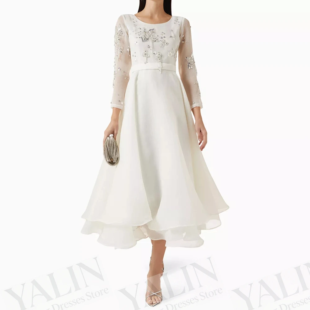 

Women's A-line Evening Dresses Tea-length Scoop-neck Full Sleeve Prom Gown Fashion Sequined Simple Draped Customized Gowns