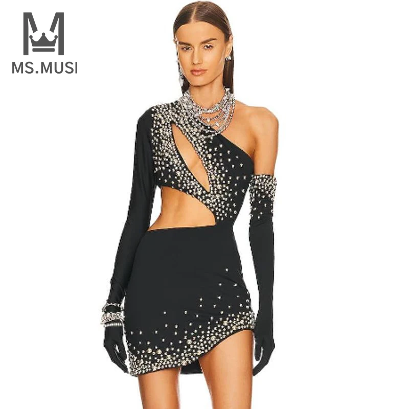 

MSMUSI 2023 New Fashion Women Sexy One Shoulder Beading Long Sleeve Hollow Out Backless Bandage Party Club Bodycon Mini Dress