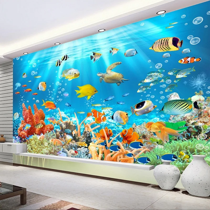Customized product Photo Mural Embossed Wallpaper Underwater World Fish Coral Children Room Living Room Blue seawater bedroom 8d
