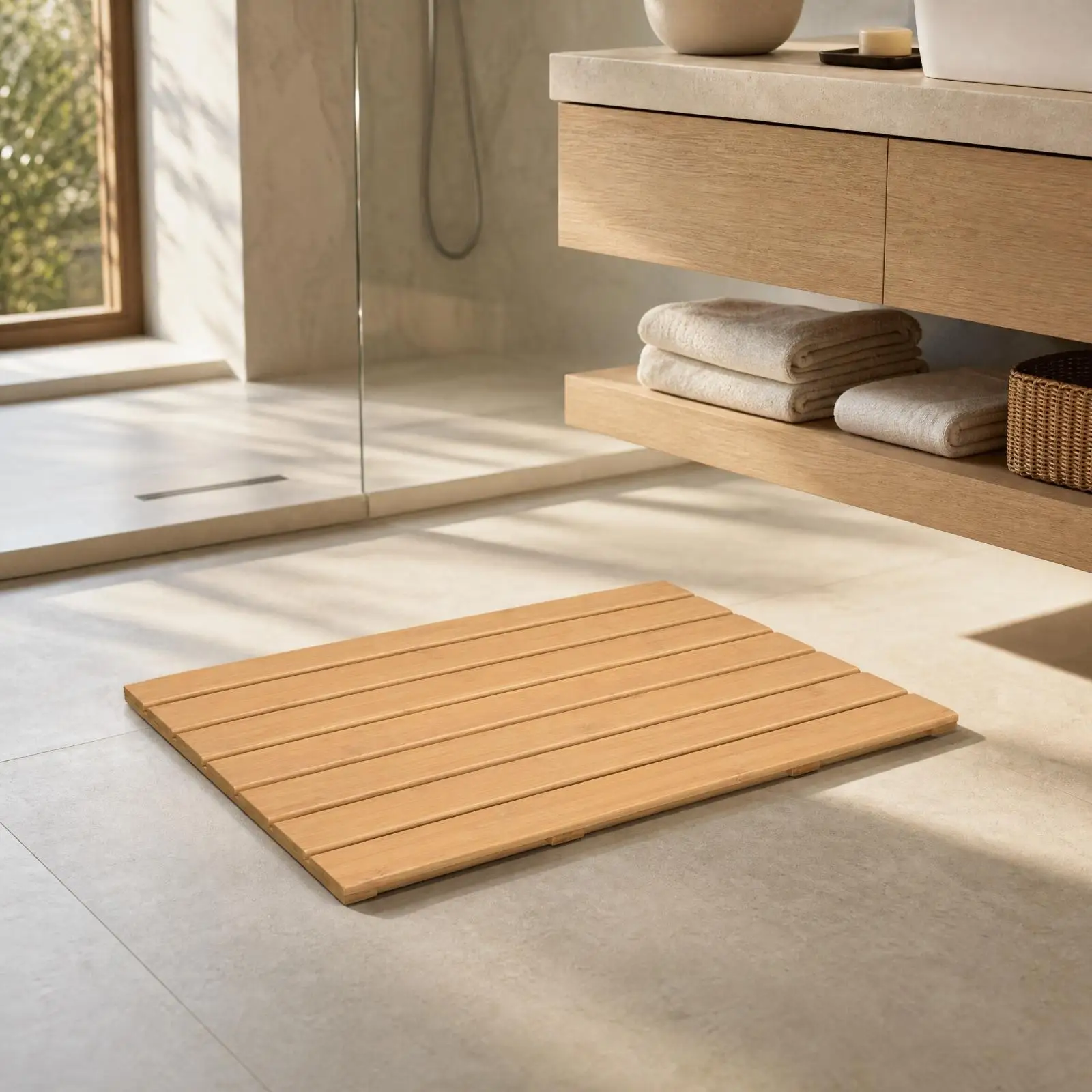 Bamboo Slat Bathroom Mat for Shower Quick Drying Non Slip Floor Pad Water Drainage for Kitchen SPA Room
