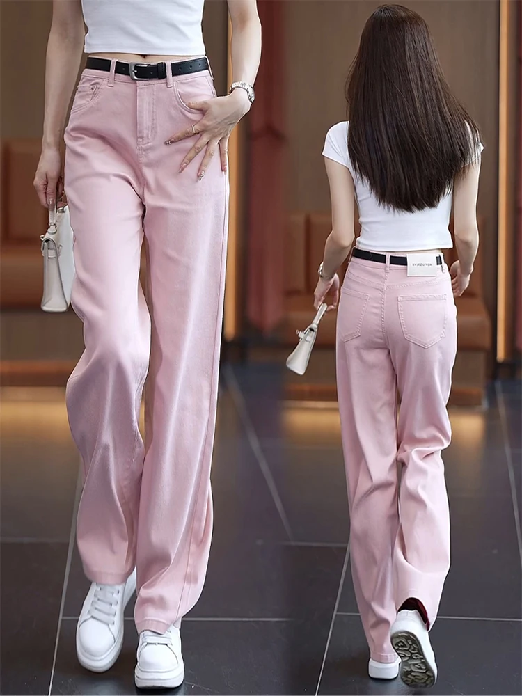 

Розовые шелковые джинсовые брюки с широкими штанинами для женщин, летние, тонкие, с высокой талией, свободные, повседневные, из ледяного шелка, прямые, для офиса, длинные брюки