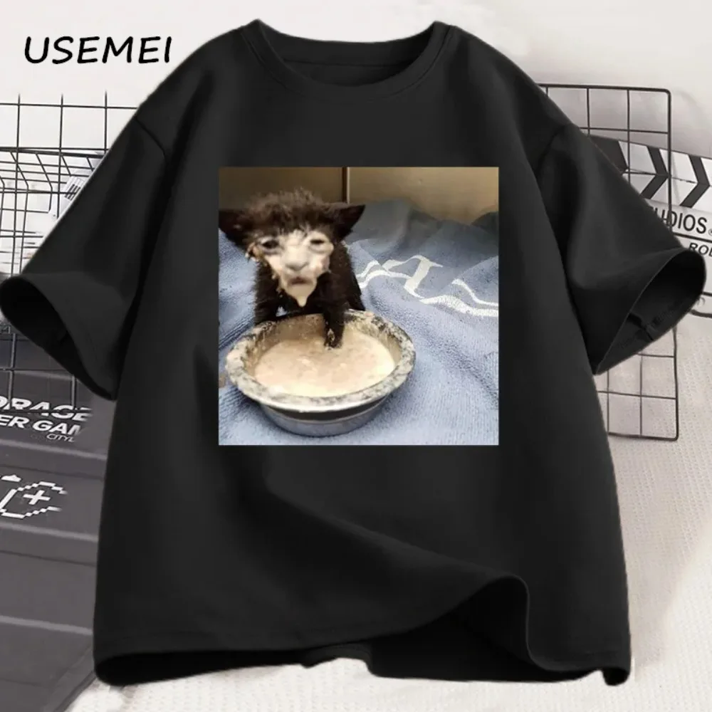 

Milk Face Cat Meme Printed T-Shirt Weird Humor Funny Cat Graphic Tees Men Women Cotton Short Sleeve Tshirt Oversized Clothing