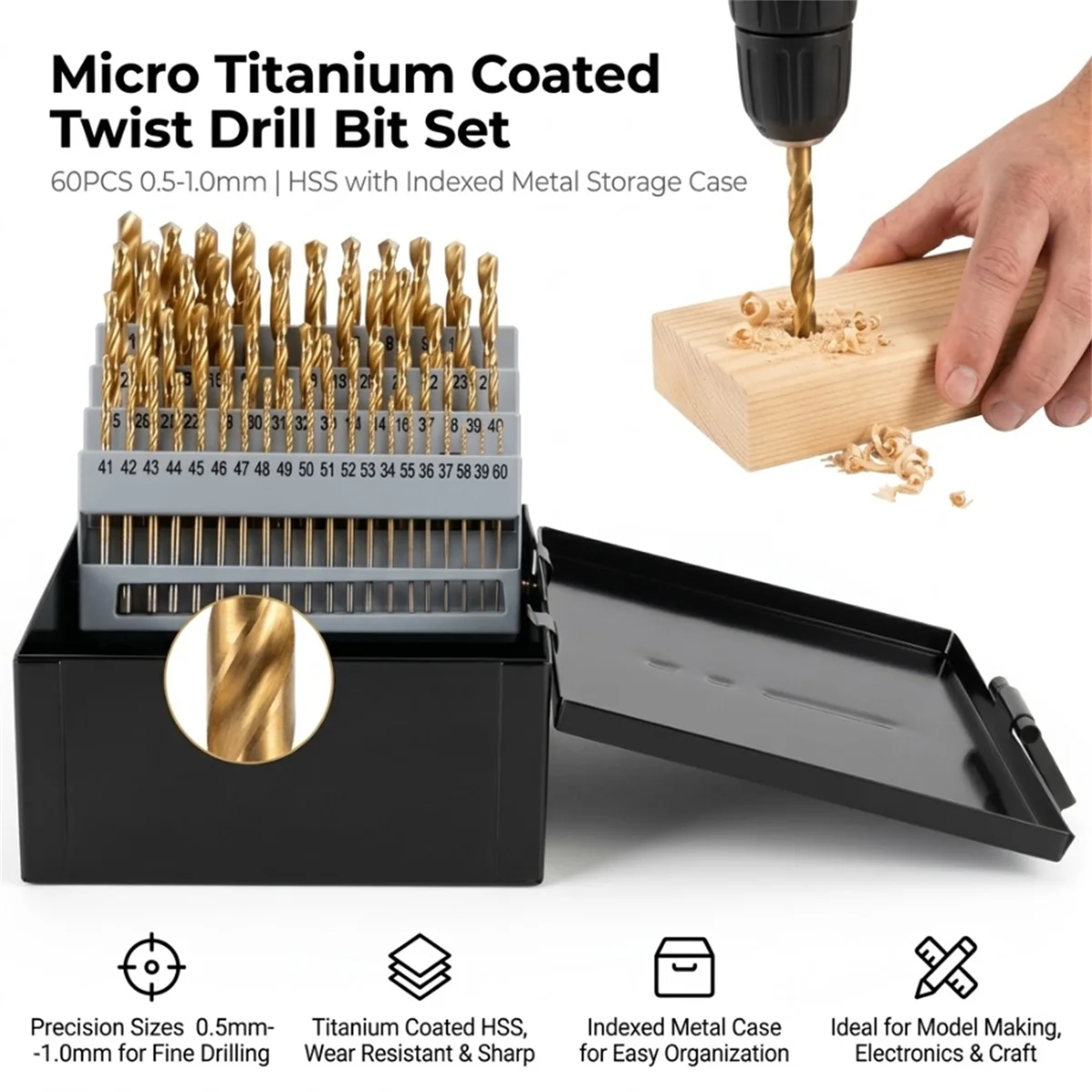 60Pcs Titanium Coated Carbide Twist Drill Bit Set 1-60 Numbered Straight Shank 135 Split Point For Woodworking Metal Drilling