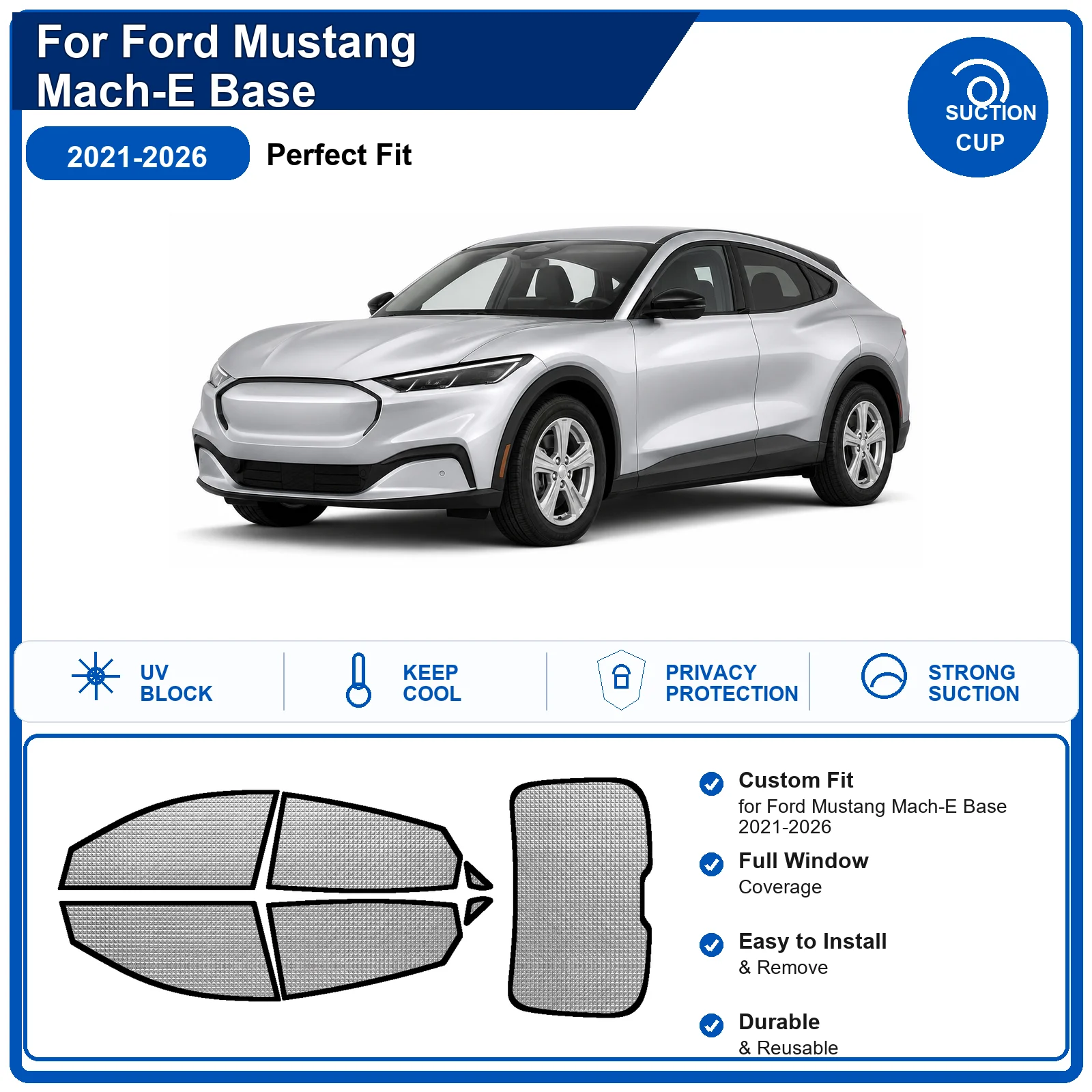 For Ford Mustang Mach-E Base 2021-2026 Custom Full Set Windshield Sun Shade Aluminum Foil Heat Insulation Anti UV Foldable