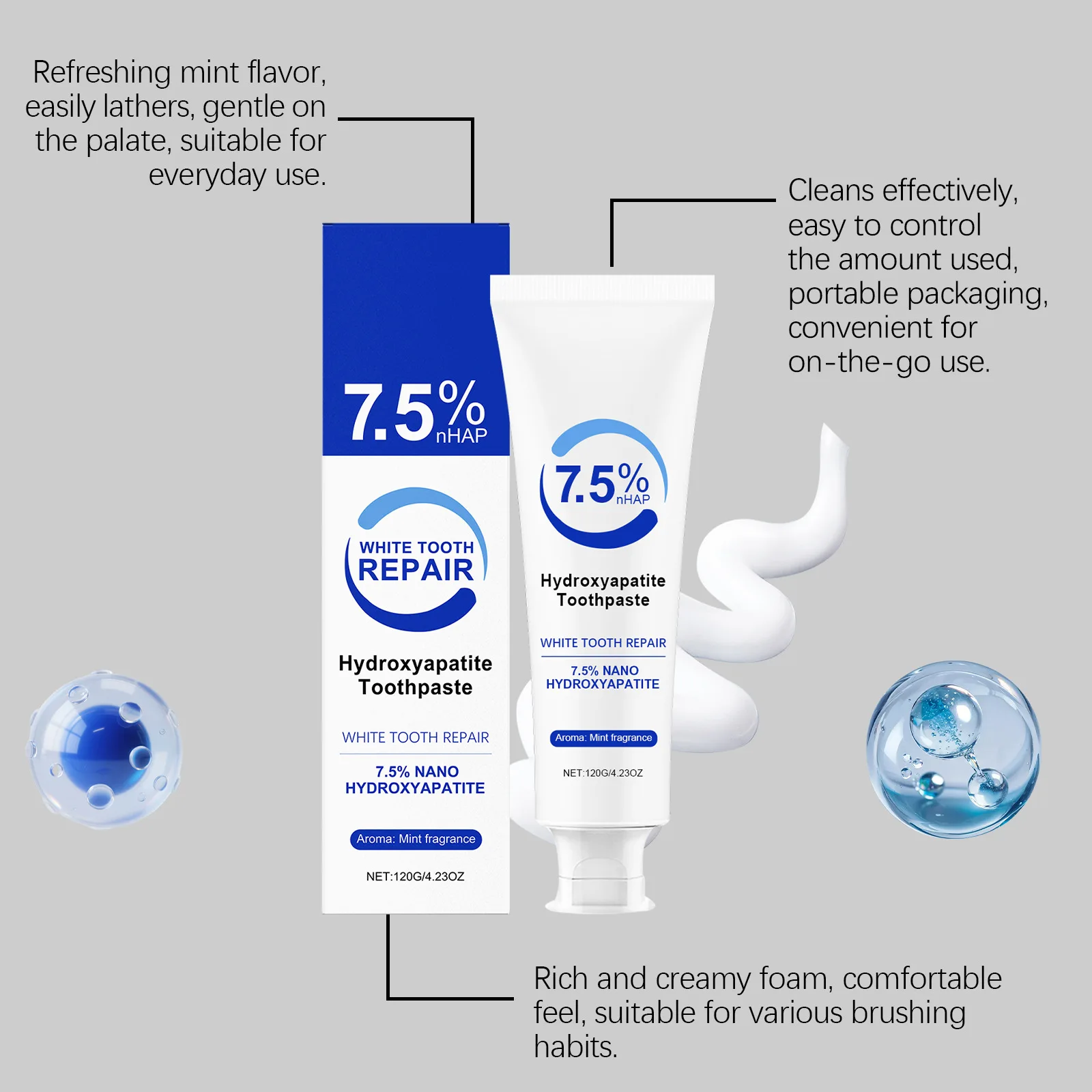 7.5% Hydroxyapatite Toothpaste Dental Calculus Remover Reduce Bad Breath Prevent Caries Mint Fresh Breath Teeth Whitening Care