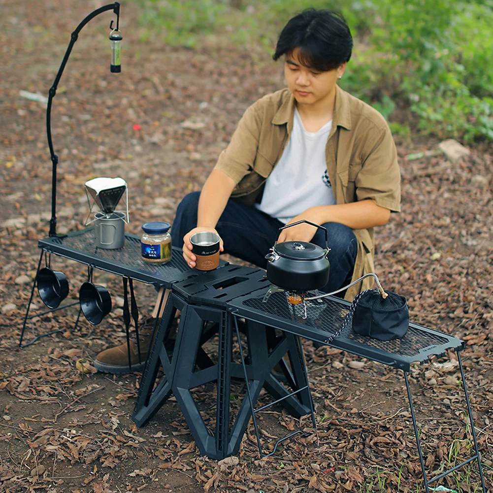 Camping Outdoor Folding Grid Grid Multi functional Portable Camping  Table Side Hanging Storage Iron Rack Picnic BBQ Tray