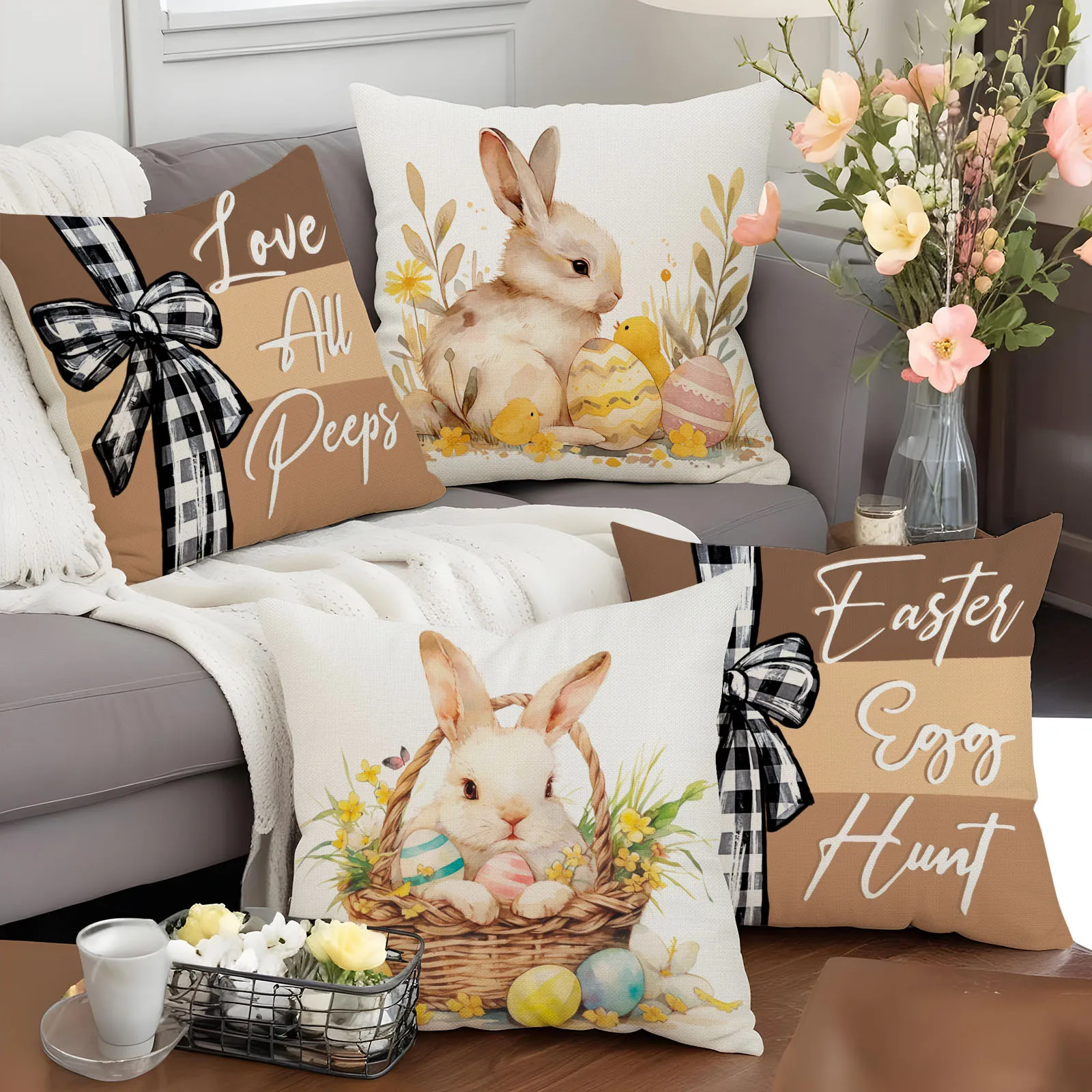 VIKAMA 2026 Easter Cushion Cover Festive Decor Rabbit & Easter Egg Living Room Sofa Cushion Cover Bedroom Headboard Pillowcase