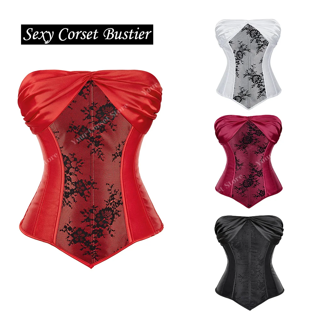 

Corset Tops for Women Red Sexy Corset Bustier Overbust Satin Corset Floral Shapewear