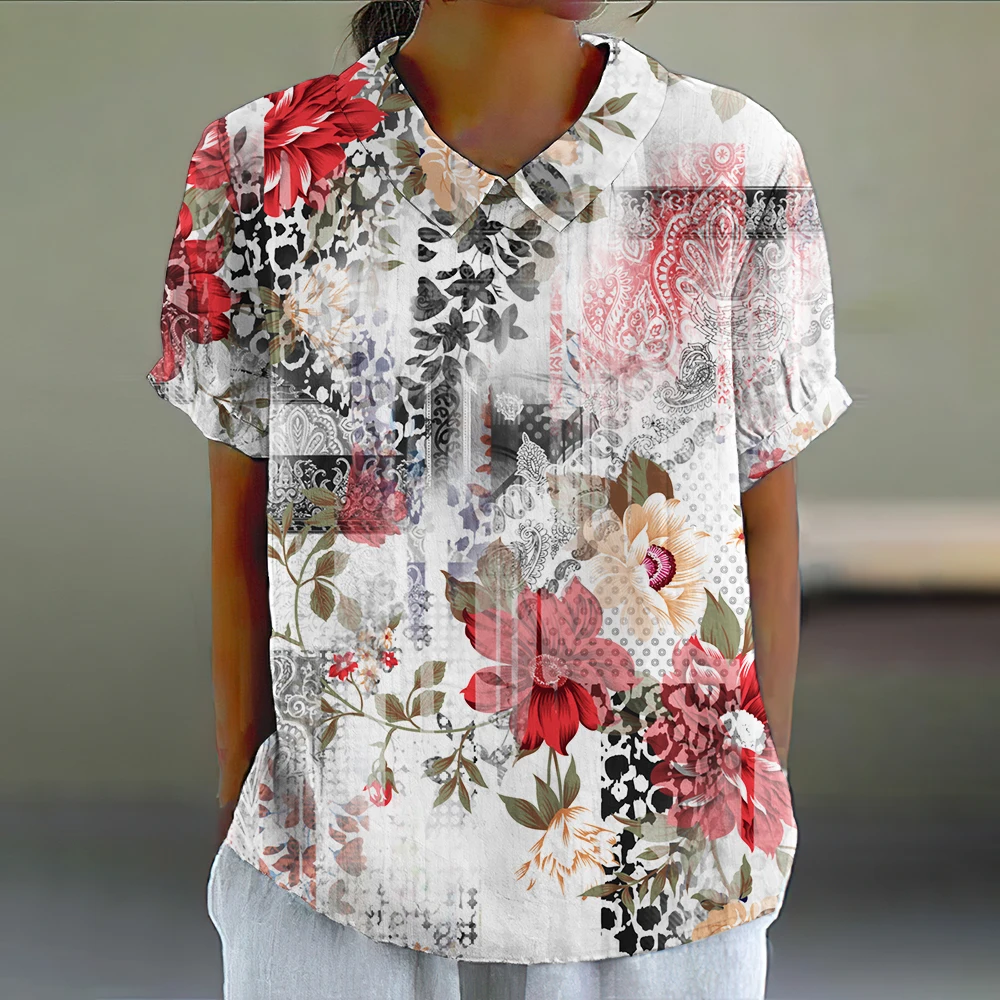 

2025 Women's Blouse Fashion Floral Print T-Shirt Street Outdoor Short Sleeve Tees Tops Summer Casual Lapel Blouse Woman Clothing