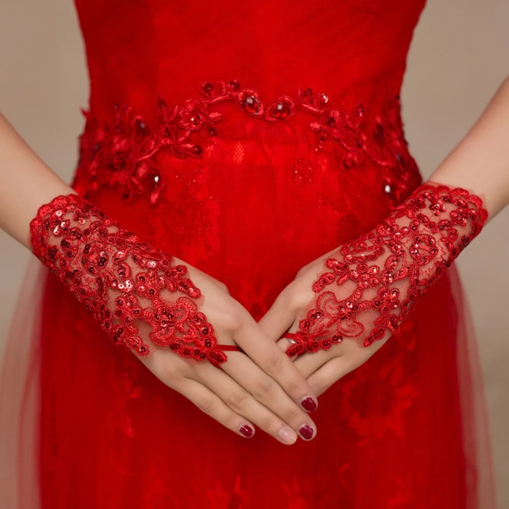 2024 Party Dress Lace Gloves Sexy Rhinestone Bridal Gown Mittens Elegant Clothing Accessories Evening Prom Decor Lady