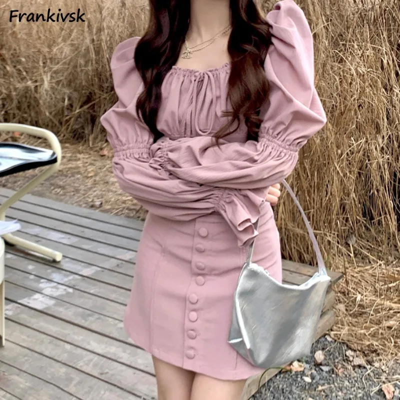 Lace-up Dress Sets for Women Long Sleeve Korean Style Chic Single Breasted Elegant Vintage All-match Daily New Spring Fashion