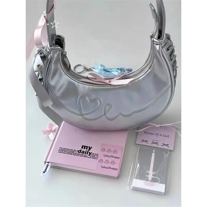 

2025 New Girl's Small Bag, Sweet Cool Crescent Armpit Bag, Love Embroidery Shoulder Bag, Fashionable and Versatile Handbag