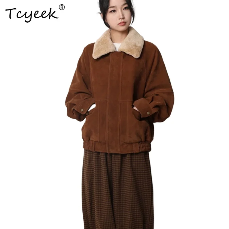 Tcyeek Genuine Sheepskin Coat for Women Vintage Winter Women's Clothing Fashion High Quality Women Jacket Loose Fit Пуховик