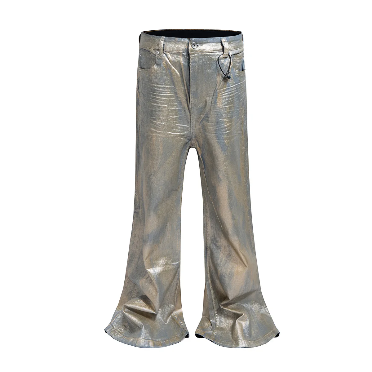 Men's Fashion High Street Coated Jeans Pants Streetwear Wide Leg Denim Trousers Silver Coated Flare Denim Streetwear Trousers