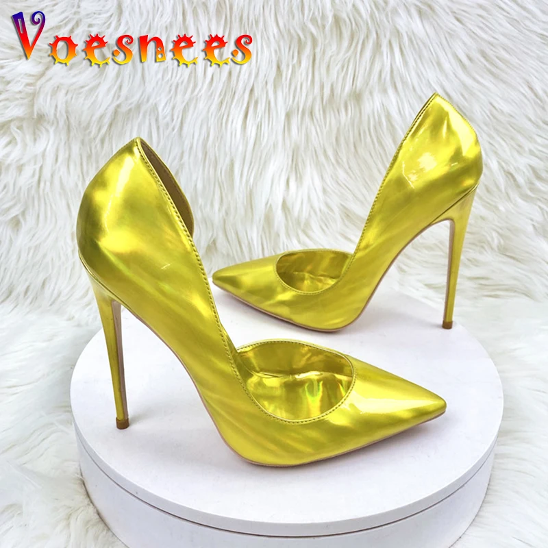 Model Walking Show Sparkly Gold High Heels 12CM Plus Size Party Single Shoes Wedding Bridal Pumps Women's Pointed Tip Stilettos