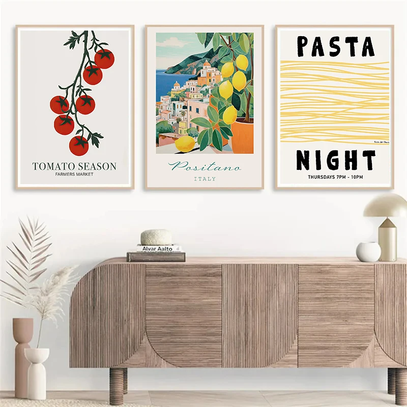 Vintage Italy Travel Food Spaghetti Coffee Mediterranean Coast Landscape Poster Canvas Painting Wall Picture Home Kitchen Decor