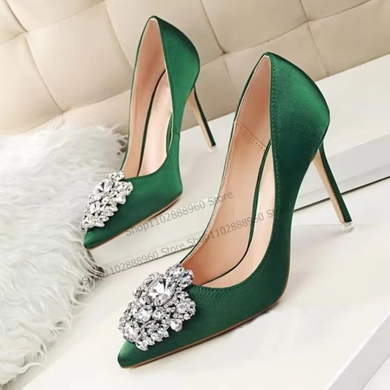 

Shallow Green Silk Crystal Decor Pumps Stilettos High Heel Cover Heel Women Shoes Slip-On Pointed Toe Fashion Zapatillas Mujer