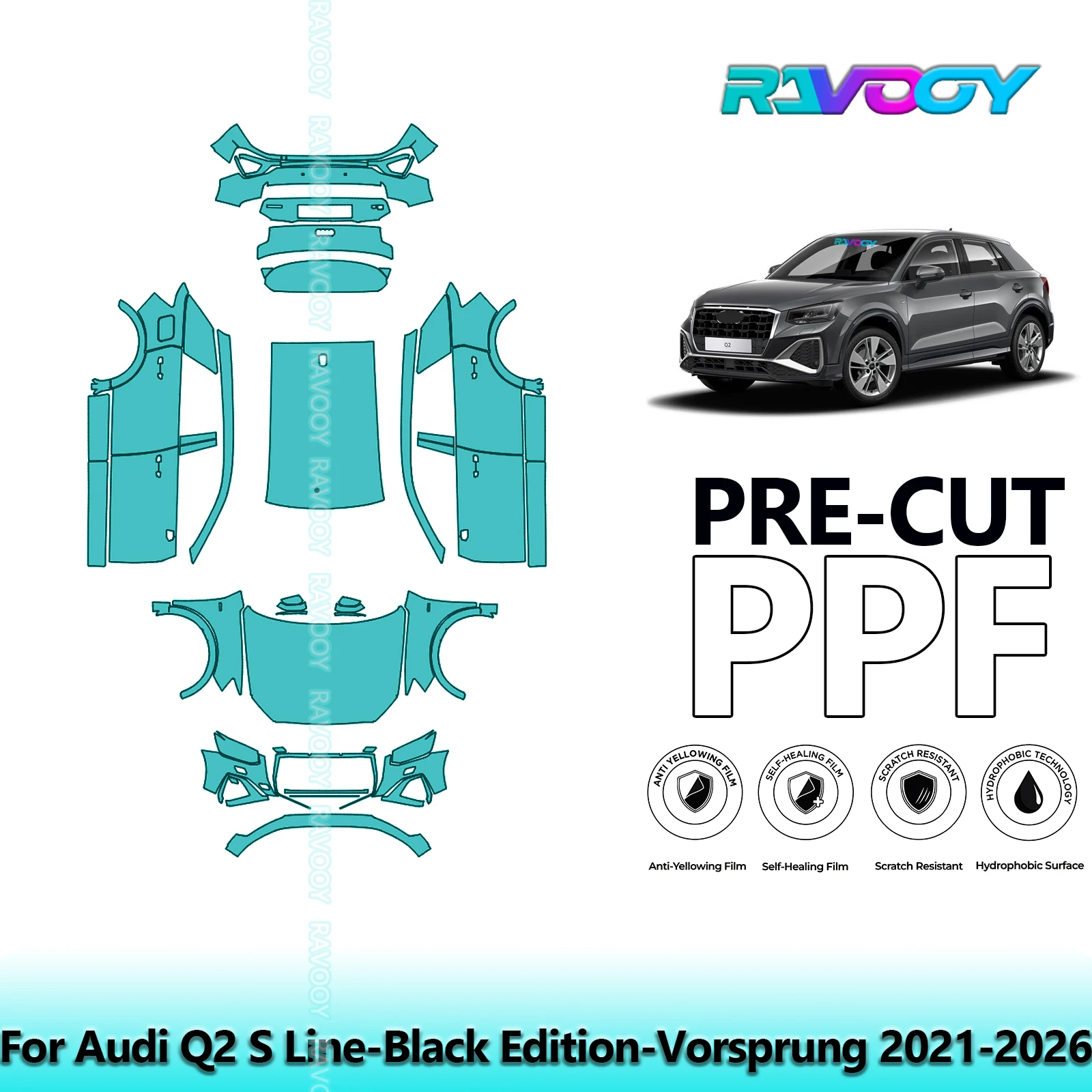 

Автомобильная предварительно вырезанная защитная пленка для краски, полная автомобильная защита от царапин, внешний ТПУ PPF для Audi Q2 S Line-Black Edition-V건ung 2021-2026