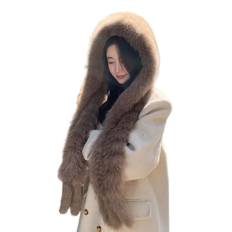 Snow Fox fur hat scarf whole double-sided woven real hair, integrated to keep out the cold fur women's hat, warm and lengthened