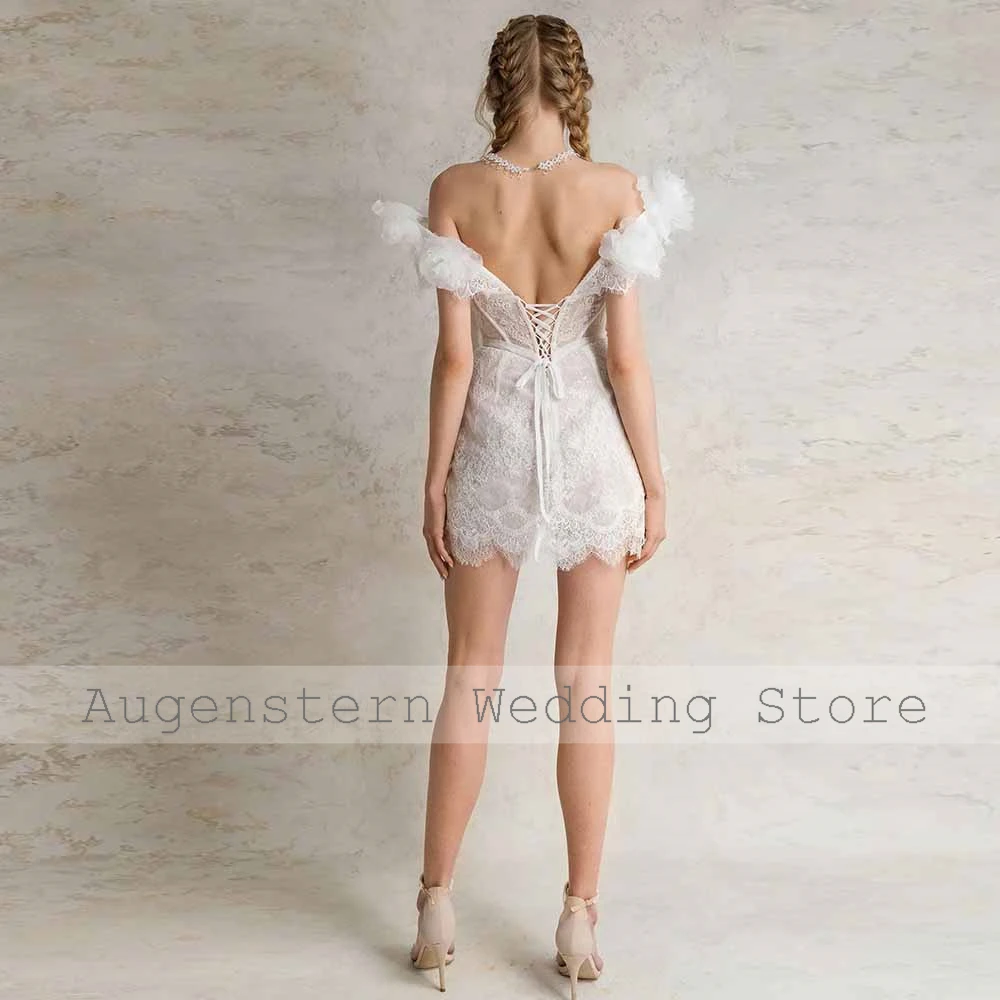 Sweetly Classic Wedding Dresses Lace Sheath/Column Wedding Party Dresses Ivory Off-the-shoulder Ruffles Wedding Guest Dresses