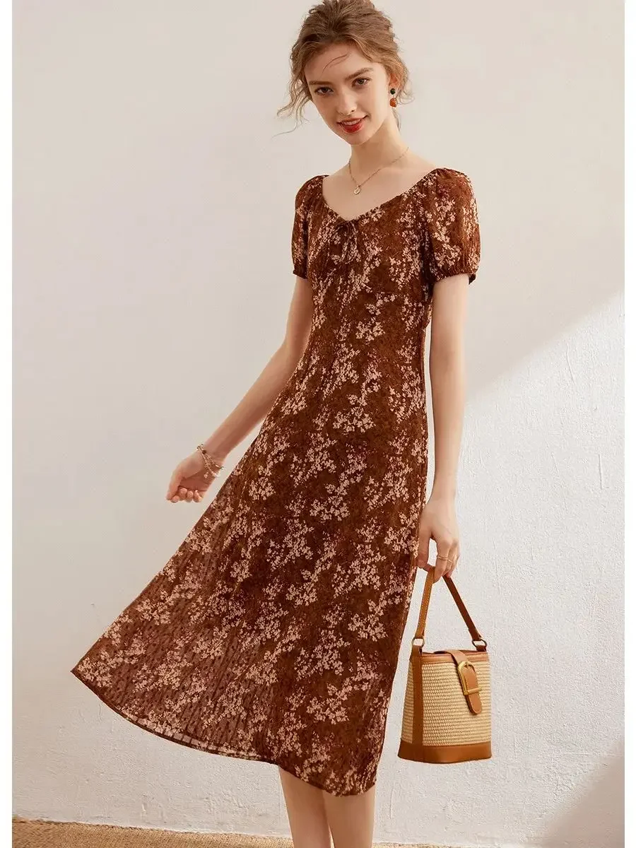 LOUIS YAO Women Dress 2024 Summer Frint Floral Dress Fashion Slim O Neck Short Sleeve Long Dress