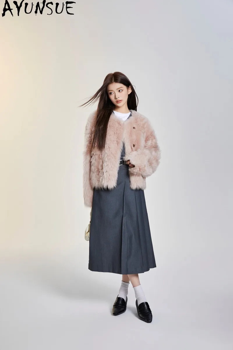 AYUSNUE Womens Toscana Shearling Coat Round Collar Clothes Short Length Simple Ladies Winter Clothing Real Sheepskin Fur Jacket