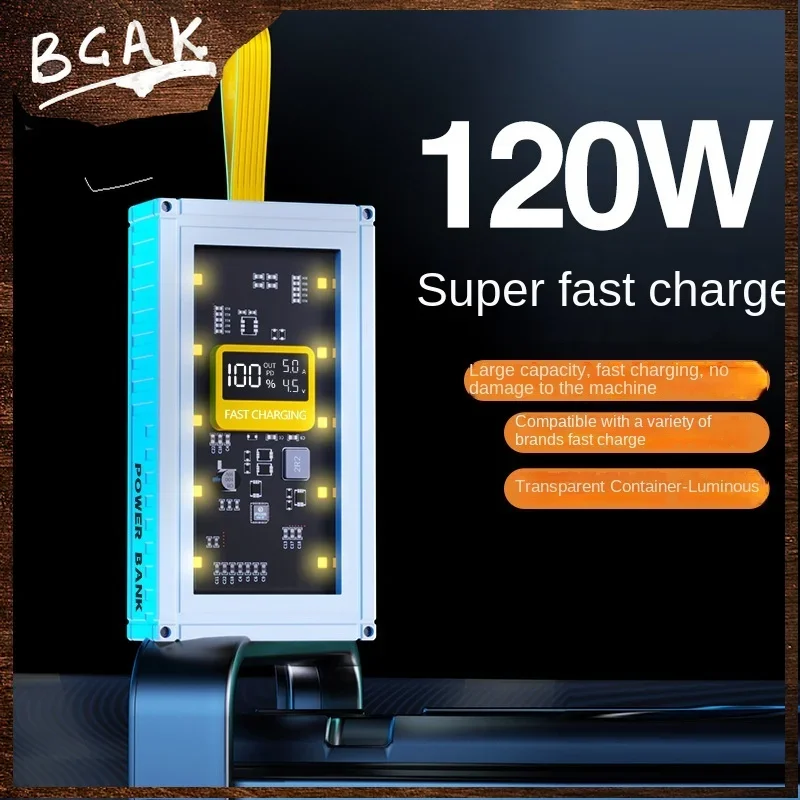 Hot 30000mAh 50000mAh 120W Fast Charging Transparent Power Bank 200000mAh Large-capacity Mobile Power Supply BCAK Mobile Phones