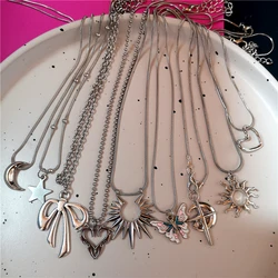 Gothic Punk Bow Heart Sun Star Moon Pendant Snake Chain Necklace Men Women Hip Hop Vintage Y2K EMO Grunge Jewelry Accessories