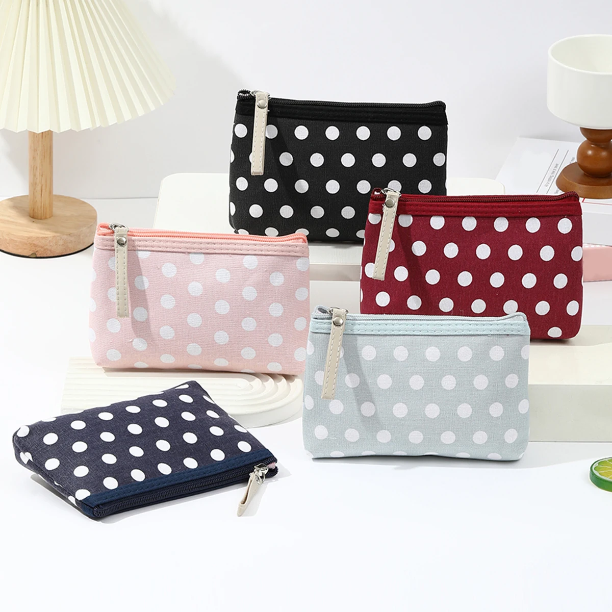 Small Fresh Canvas Dot Makeup Bag Simple and Portable Skincare Storage Bag Korean Version Student Pencil Case Wallet