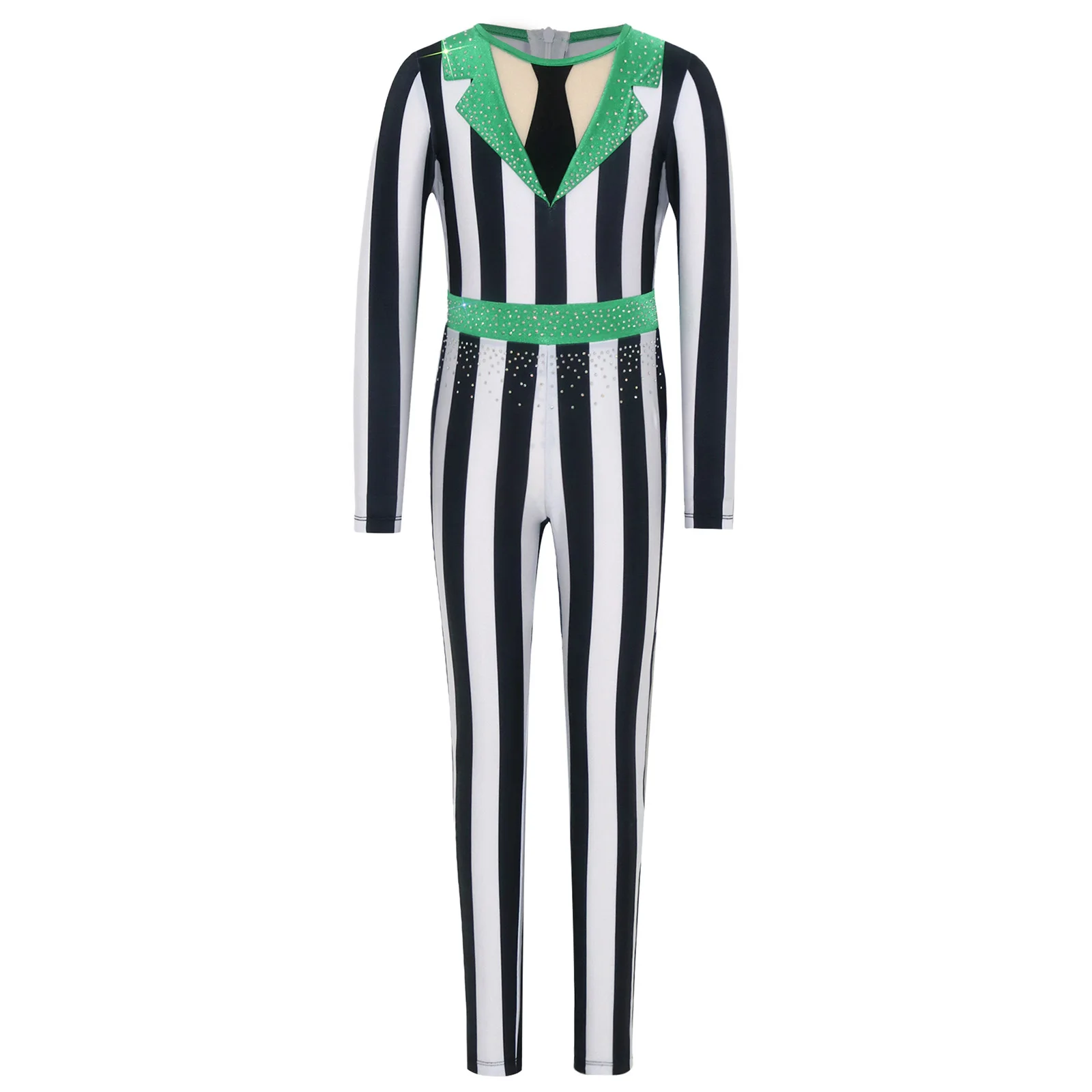 Children' Stripe Jumpsuits Kids Girls Shiny Rhinestone Color-blocked Zipper Bodysuit for Halloween Role-playing Clown Costume