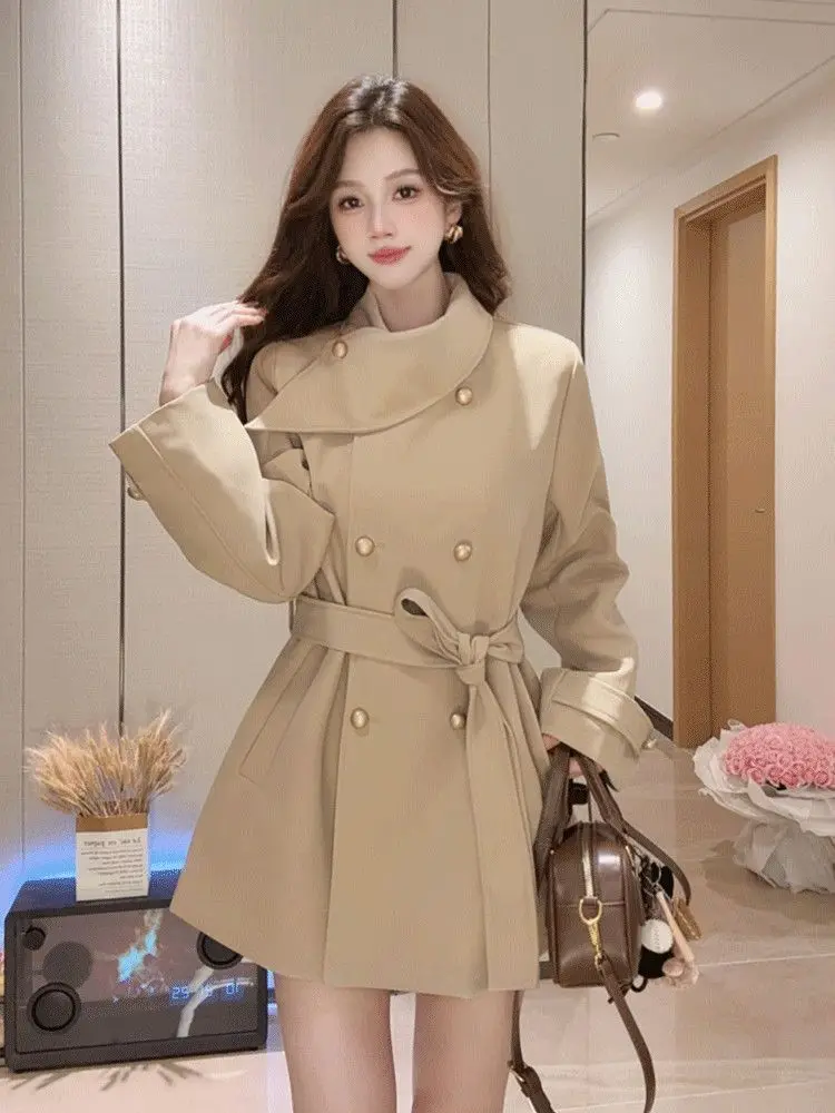 

Сводная корейская ветровка больших размеров с шарфом, женская верхняя одежда, теплое пальто прямого кроя с высокой талией