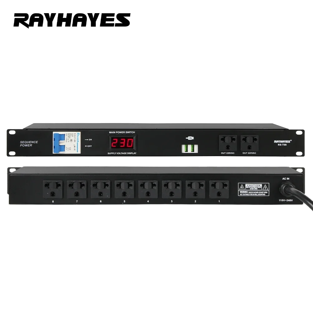 RAYHAYES RS-T08 8-Channel Power Sequencer High-Power Power Protector Built-in Air Switch Automatic Overload Power Cut-off