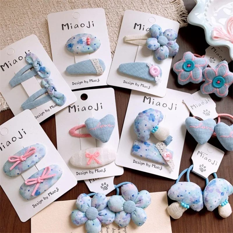 

New Adorable Blue Floral Stuffed Heart Flower Mushroom Hair Accessories for Kids Girls Side Clips & Elastic Ties Soft No Crease