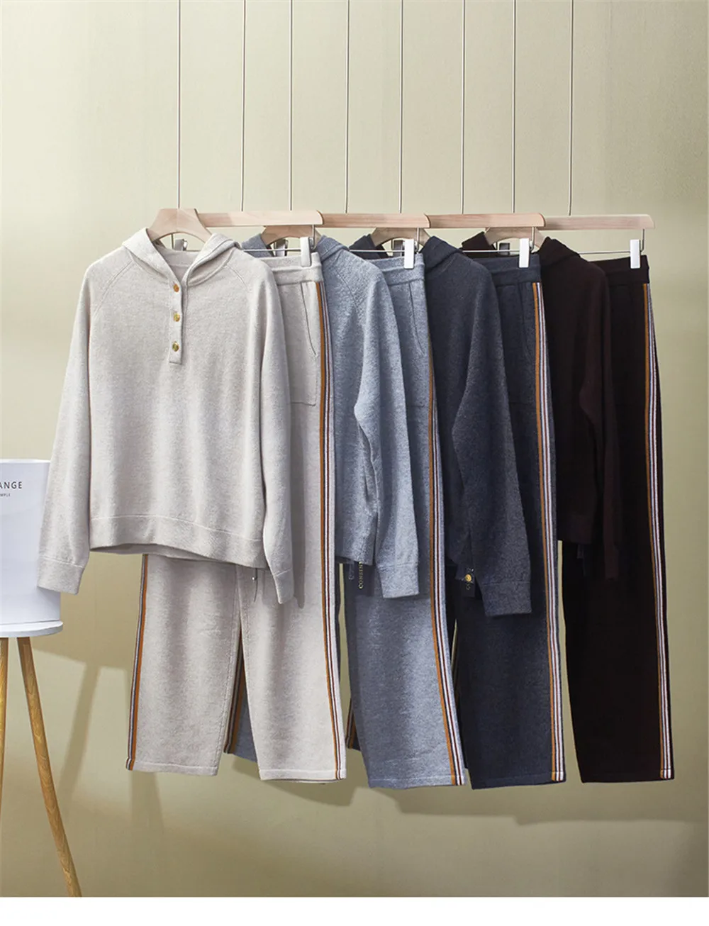 

Женский зимний новый 100% кашемировый свободный топ с капюшоном + толстые прямые брюки с высокой талией, комплект из двух предметов