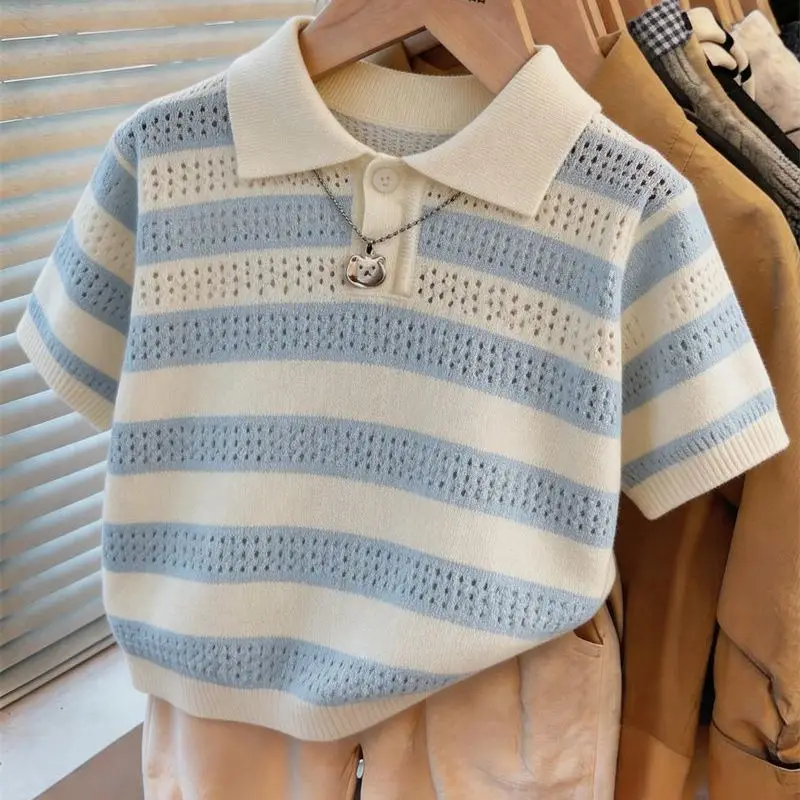 Summer Boys' Short sleeved Knitted Polo Shirt Fashion New Style Children's Baby Striped Hollow Top