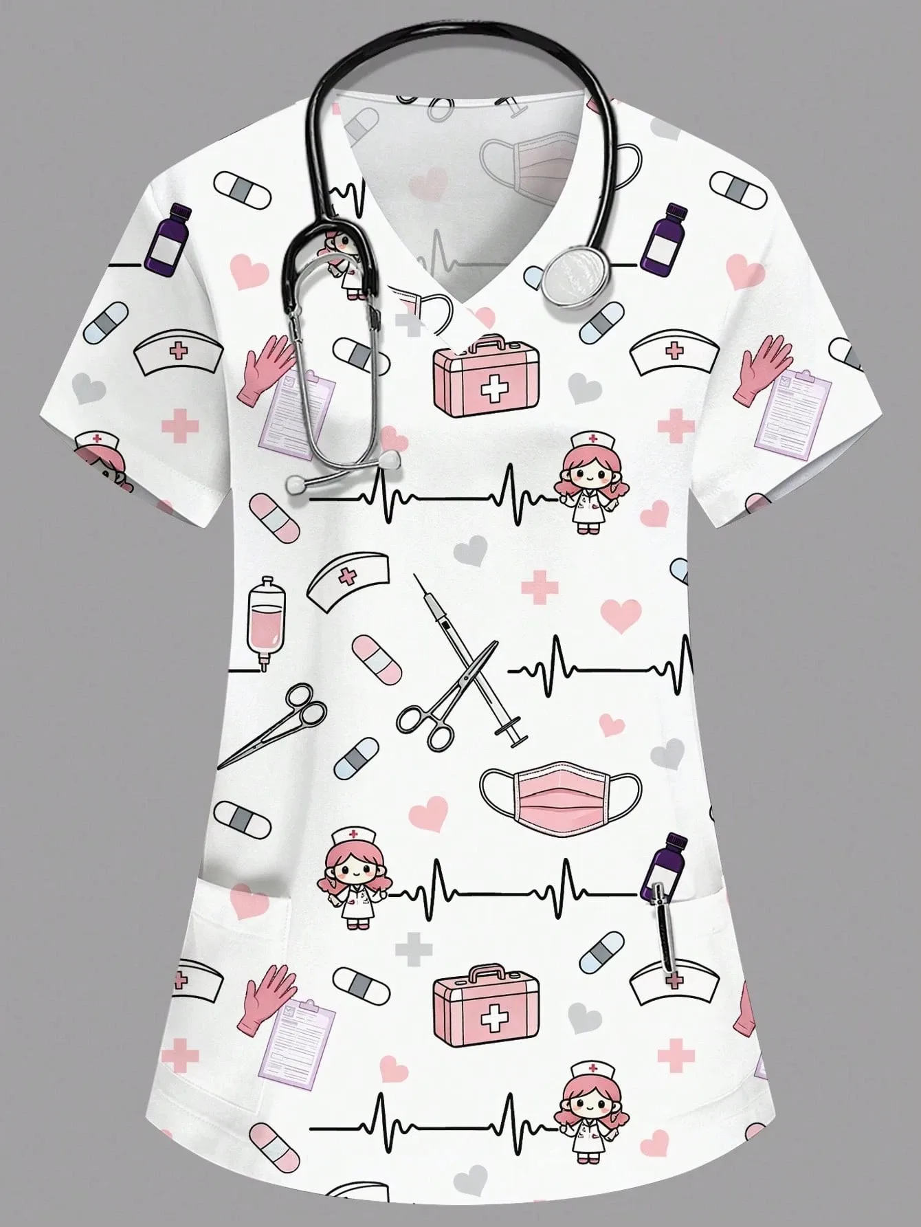 Women's Work Uniform Animal Print Cartoon Pattern Short-Sleeve V-Neck Top, Women's Nurse Work Uniform, Medical Uniform