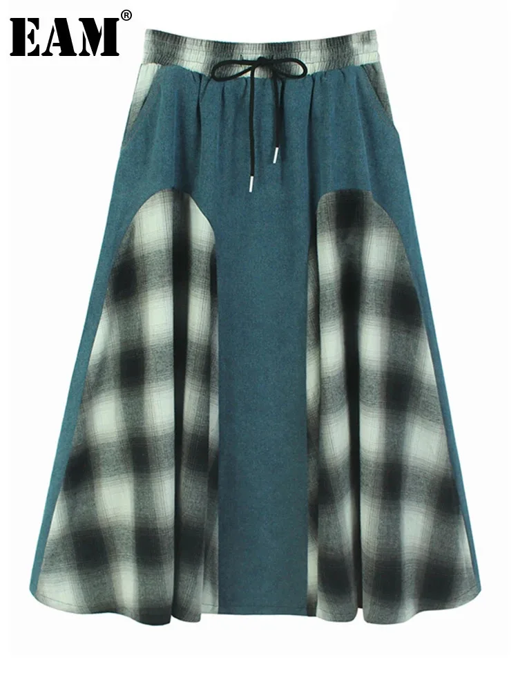 [EAM] High Elastic Waist Green Plaid Denim Color-block A-line Half-body Skirt Women Fashion Tide New Spring Autumn 2025 1DH8754