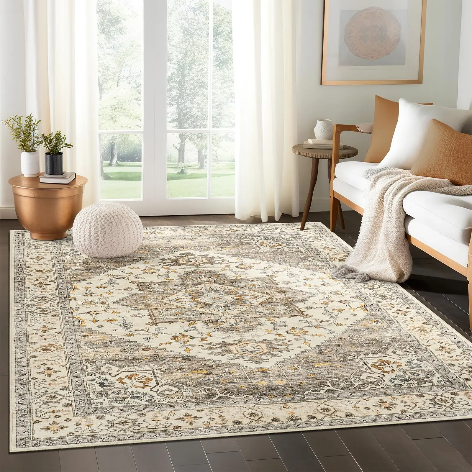 vikama Washable Area Rug,Non-Slip Machine Washable Vintage Beige Carpet,Large Soft Rug for Living Room Bedroom Dining Room Decor