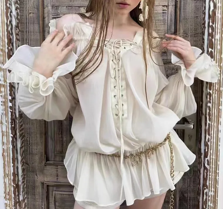 

one shoulder lantern sleeve lace up top sexy off shoulder gauze shirt for women
